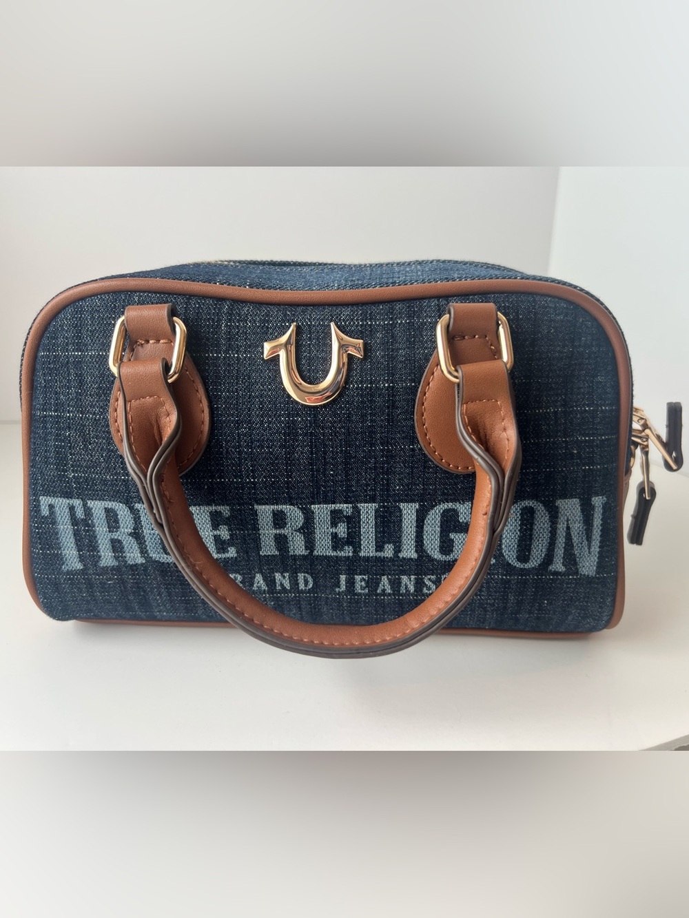 True Religion Denim Satchel in Dark Blue with Brown Trim & Gold Hardware